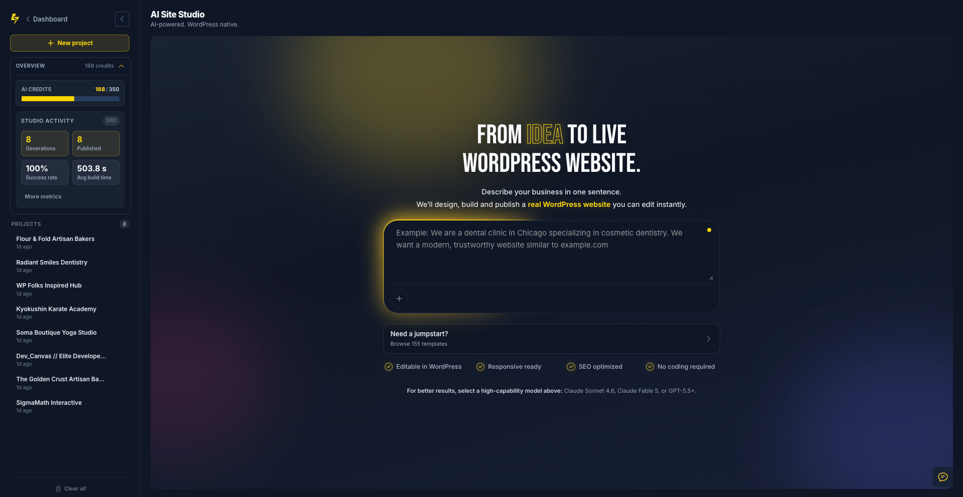 AI Site Studio prompt for turning a business idea into a live WordPress website