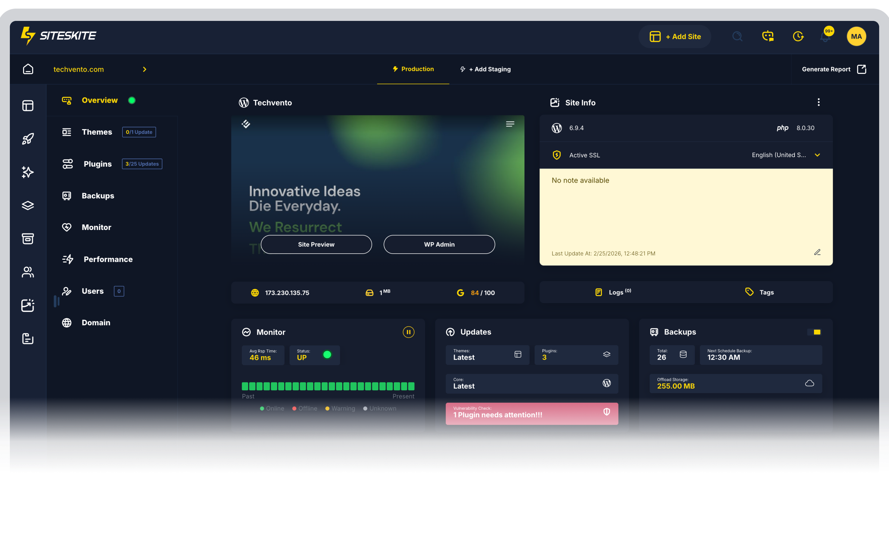 SiteSkite multi-site dashboard overview